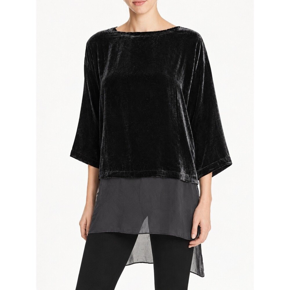 EILEEN FISHER Black Velvet Silk Tunic Top Sheer Hem Lagenlook Avant Garde - M